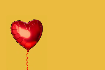 Heart-shaped red balloon on yellow background with copy space