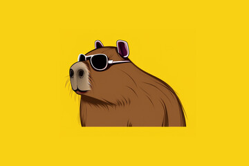 Drawing of capybara in sunglasses on yellow background