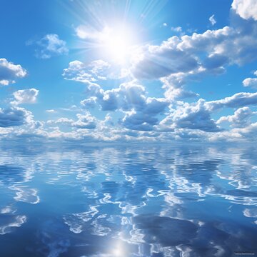 a body of water with clouds and sun