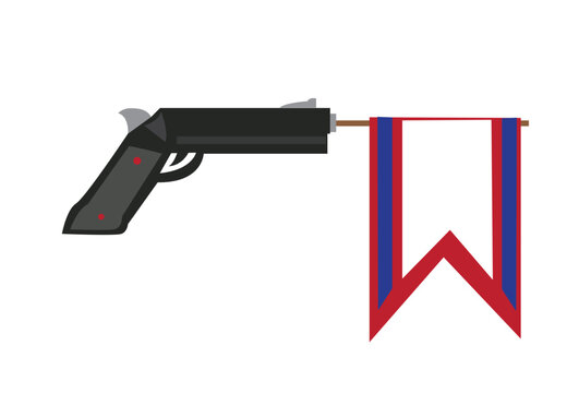A handgun with a banner in its barrel. Editable Clip Art.