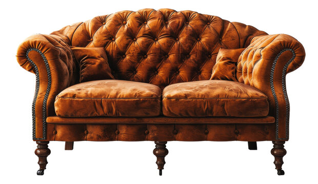 Classic brown leather chesterfield sofa on transparent background - stock png.