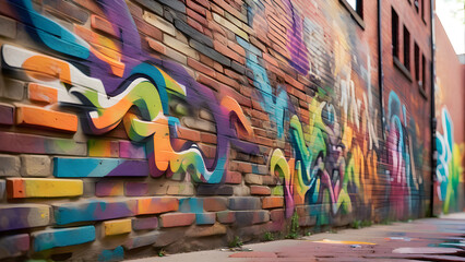 Fototapeta premium Colorful urban graffiti art on a brick wall, showcasing vibrant street culture and creativity.