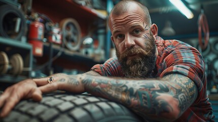 A bearded and tattooed technician balances an automobile wheel at a workshop. Generative Ai - obrazy, fototapety, plakaty