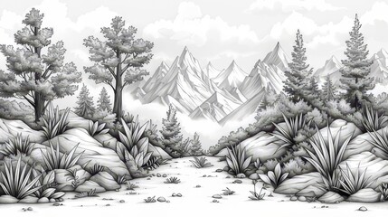 Line drawings of a mountain landscape