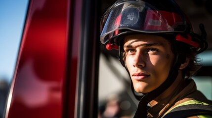 Firefighter with helmet visor vibrant firetruck backdrop - obrazy, fototapety, plakaty