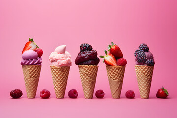 ice cream cones with fruit on a pink background