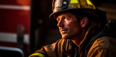 Obraz premium Moment of respite firefighter and firetruck relief after fire