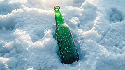 A solitary green beer bottle lies in a bed of fluffy snow, glistening under the soft, warm rays of the morning sun