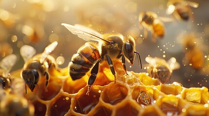 A bee on a honeycomb surrounded by other bees. Ai generative - obrazy, fototapety, plakaty