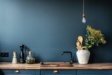 Mockup dark blue wall in kitchen and minimalist interior design.