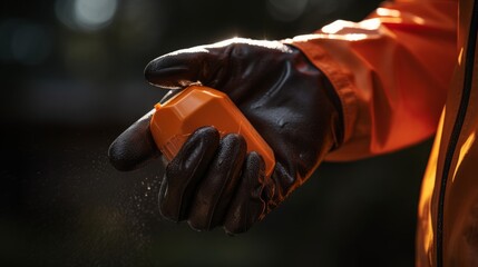 Gloved hand holds insect repellent droplets glistening