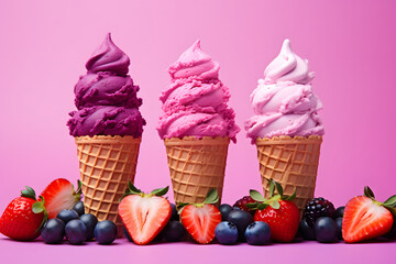 ice cream cones with fruit on a pink background
