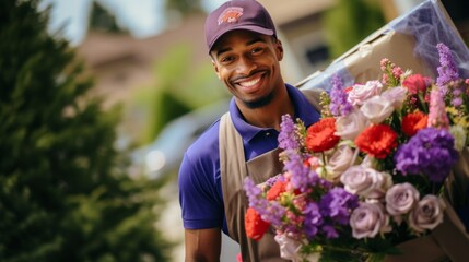 Postal worker on delivery colorful homes and flower scenery