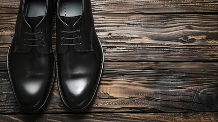 Black leather shoes on wooden background
