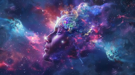 Conceptual illustration of a human head with brain activity and cosmos - obrazy, fototapety, plakaty