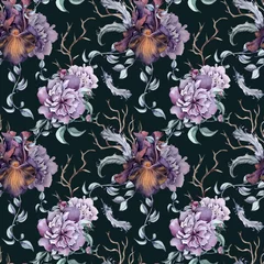 Behang Gothic floral seamless pattern hand drawn. Black iris and peony flowers watercolor isolated on black. Botanical dark art with snag and feathers for mystical party. Design for package, textile, paper © Katyalanbina@gmail 