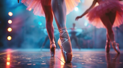 Close up ballerinas in ballet shoes en pointe on stage