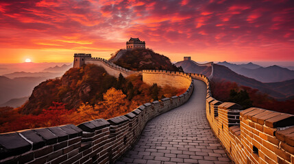 Echoes of Empire: Sunsets Over the Great Wall's Shadowed Ramparts - obrazy, fototapety, plakaty