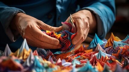 Origami artist at work folding detailed paper creations