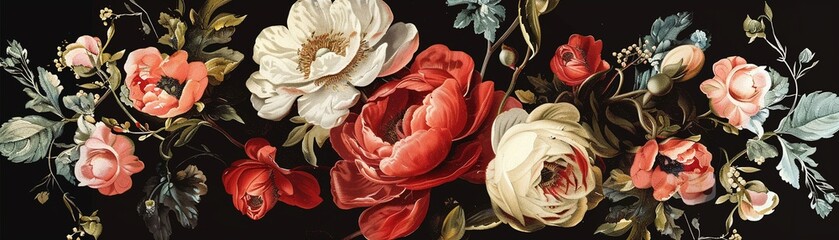 Embrace the Elegance of Baroque Style with Vintage Floral Bouquet on Black Background  Perfect for Wallpaper or Greeting Cards