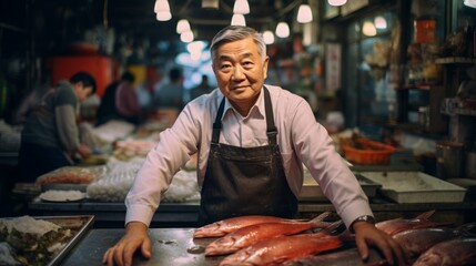 Bustling urban fish market owner with diverse clientele - obrazy, fototapety, plakaty