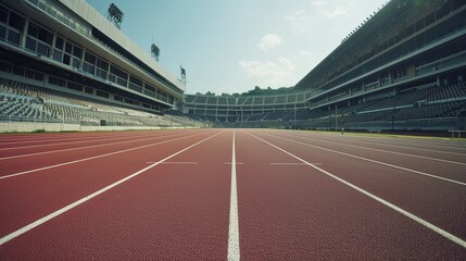 Empty athletic running tracks in a stadium filled with spectators - obrazy, fototapety, plakaty