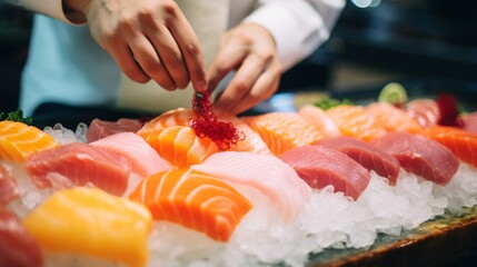 Fishmonger arranges sashimi fish precision ice bed display