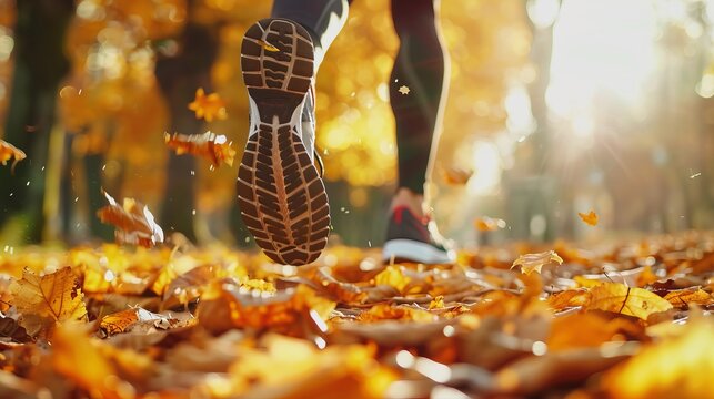 close up of feet of a runner running in autumn leaves training for marathon and fitness healthy lifestyle
