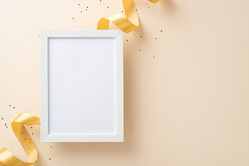 Top view photo of empty white picture frame with a beige ribbon on isolated light beige background...