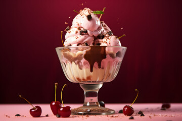 ice cream sundae with berries falling down on pink background