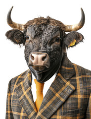 Dapper bull in checkered suit and tie on transparent background - stock png.