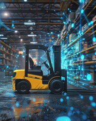 Forklift in futuristic warehouse with digital interface
