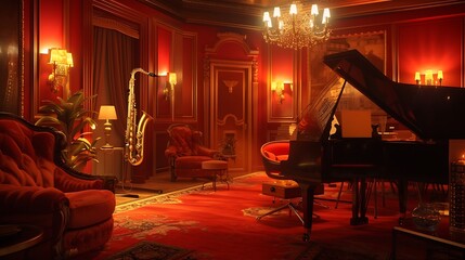 a captivating scene of a music studio in a luxurious red room, with soft ambient lighting, and...
