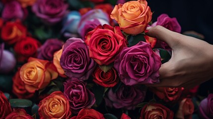 Roses materialize in magician's hands spectrum of petals - obrazy, fototapety, plakaty