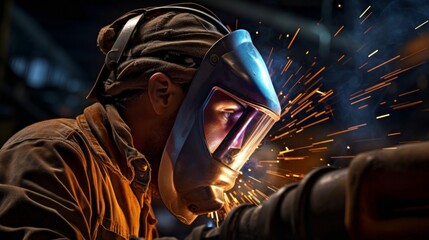Welder's protective gear illuminated by welding arc