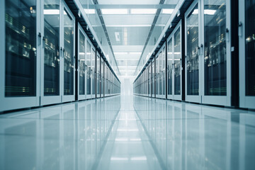 Immaculate Horizon, Expansive Server Room with Rows of Pristine Machines, Illustrating High-Tech Efficiency and Precision in Data Management