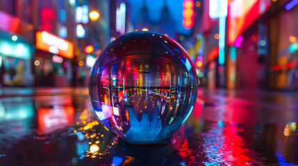 A vibrant city nightlife reflected in a glass sphere - Powered by Adobe