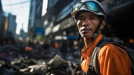Sanitation worker close-up city cleanliness uniformed