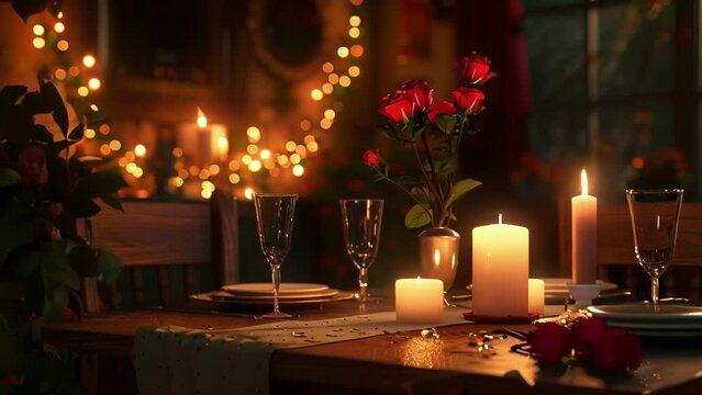 A candlelit dinner for two with a beautifully set table and flickering candles creating a cozy and romantic ambiance for a Valentines Day celebration.