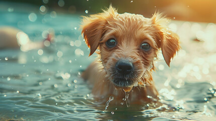 Cute puppy playing in water enjoying summer fun outdoors