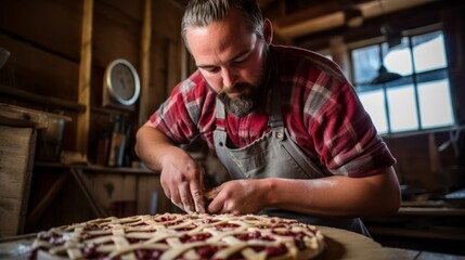 Lattice crust topping by pie maker cherry pie rustic setting