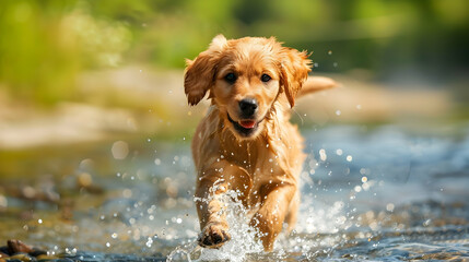 Cute puppy playing in water enjoying summer fun outdoors
