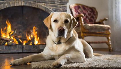 Hund, Labrador liegt im Wohnzimmer vor dem brennenden Kamin, KI generiert