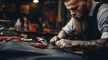 Detailed beard sculpting work foreground of grooming products - obrazy, fototapety, plakaty