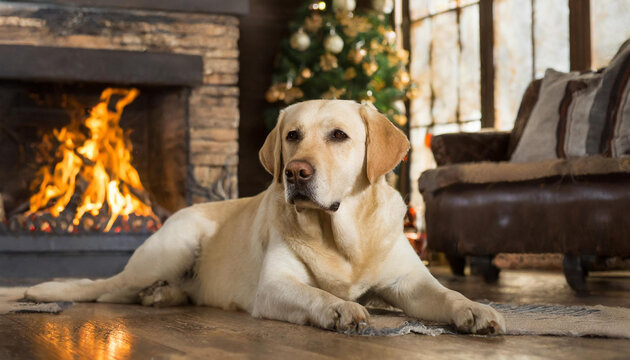 Hund, Labrador liegt im Wohnzimmer vor dem brennenden Kamin, KI generiert