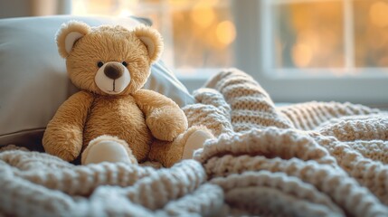 cute stuffed animal toy teddy bear sitting on cozy bed, Generative Ai	
 - obrazy, fototapety, plakaty