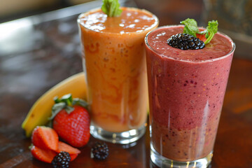 Two fruit smoothies with berries and mint garnish
