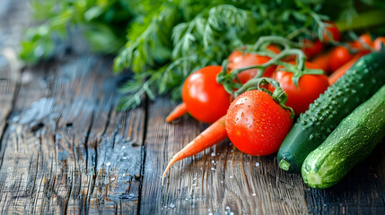 Fresh healthy vegetables on wooden table tomato cucumber carrot - obrazy, fototapety, plakaty