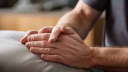 Massage therapist's hands on tense muscles neutral tones