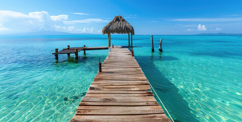 A beautiful pier with wooden planks extending into the turquoise ocean, surrounded by white clouds in the blue sky above it